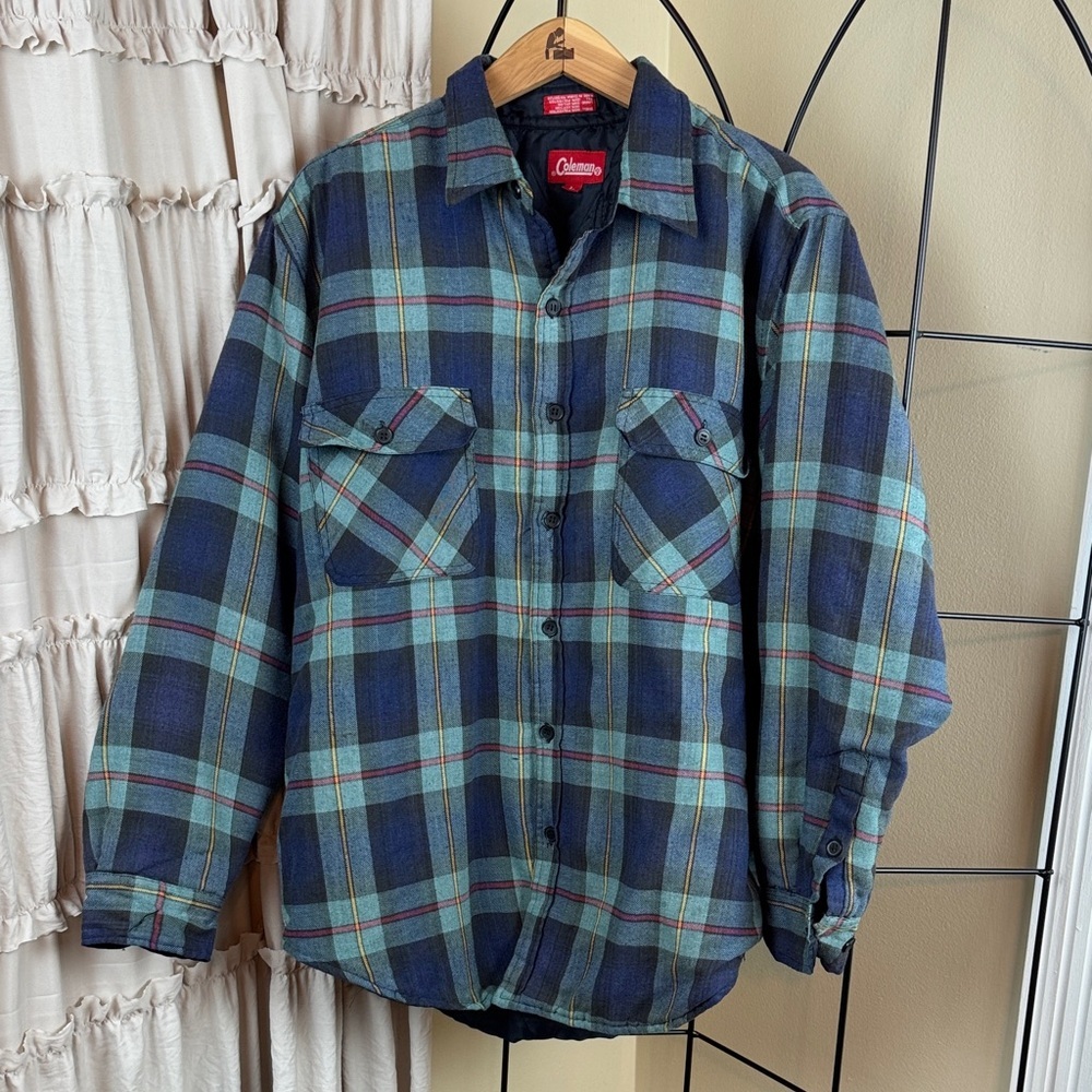 Vintage Coleman Men’s Green Plaid Lined Heavy Flannel Shirt Jacket Size L